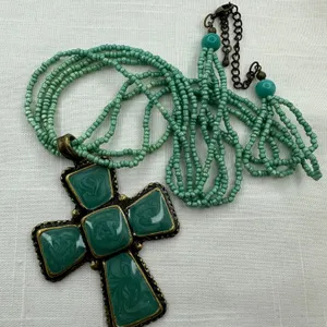 Multi Strand Turquoise Enamel Micro Bead Goldtone Cross Costume Necklace
