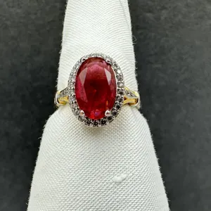 Beatrice Cocktail Red Zircon CZ Halo Gold & Silver Tone Ring Sz 8
