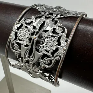 Artisan Style Ornamental Copper Wired Silver Tone Floral Design Wide Cuff Bracelet
