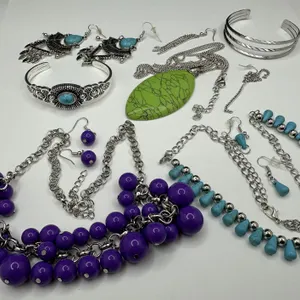 Costume Jewelry Lot Colorful Beaded Silver Tone Necklace Pierced Earrings Cuff Bracelets