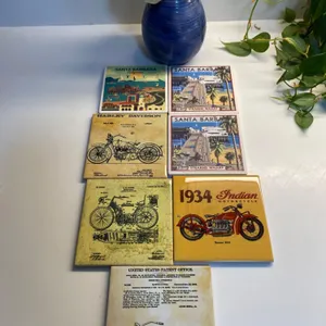 Seven Ceramic Coasters by Foothills Studio Featuring Vintage Designs