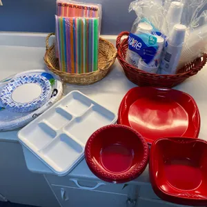Kitchen and Dining Lot With Plastic Tableware and Wicker Baskets