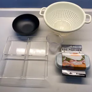 Kitchen Items Including Egg Poacher, Strainer, and Melamine Bowl