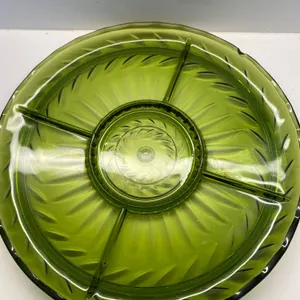 Green Divided Glass Serving Platter with Leaf Design, Mid-20th Century