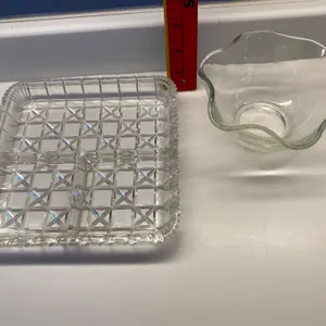 Two Glassware Pieces: Divided Dish and Ruffled Edge Bowl