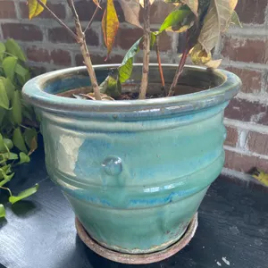 Turquoise Ceramic Planter with Matching Saucer, 20th Century