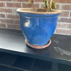 Blue Ceramic Plant Pot with Attached Saucer