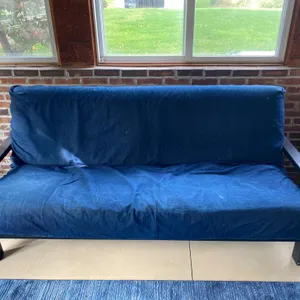 Wooden Frame Futon with Blue Fabric Cushion, Contemporary Era