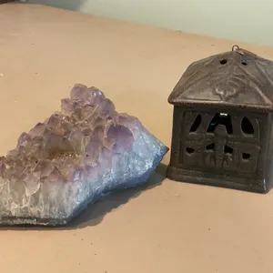 Amethyst Crystal Cluster and Cast Iron Lantern, Two-Piece Lot