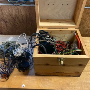 Wooden Storage Box Containing Assorted Electrical Wires and Components
