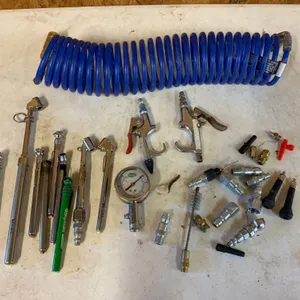 Air Tool Accessories Including Gauges, Fittings, and Hose