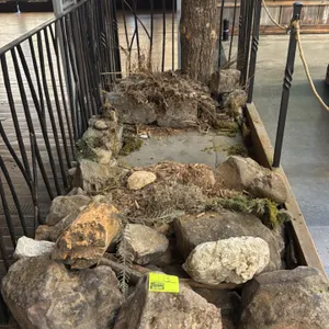 Landscape decor display sections. Includes 11' x 4' and 18' x 9' sections featuring faux rock formations, natural logs, branches, moss, and decorative