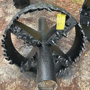 36" fly cutter HDD reamer. Features welded steel ring and spoke construction, carbide bullet cutting teeth, and threaded box connection.