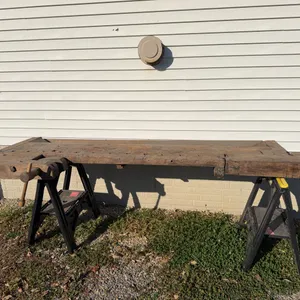 Vintage Work Table (85" x 32" ) With Wooden Clamps With Saw Horses