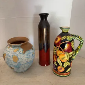 Porcelain Vase, Tall Red Vase, And Peach Pitcher