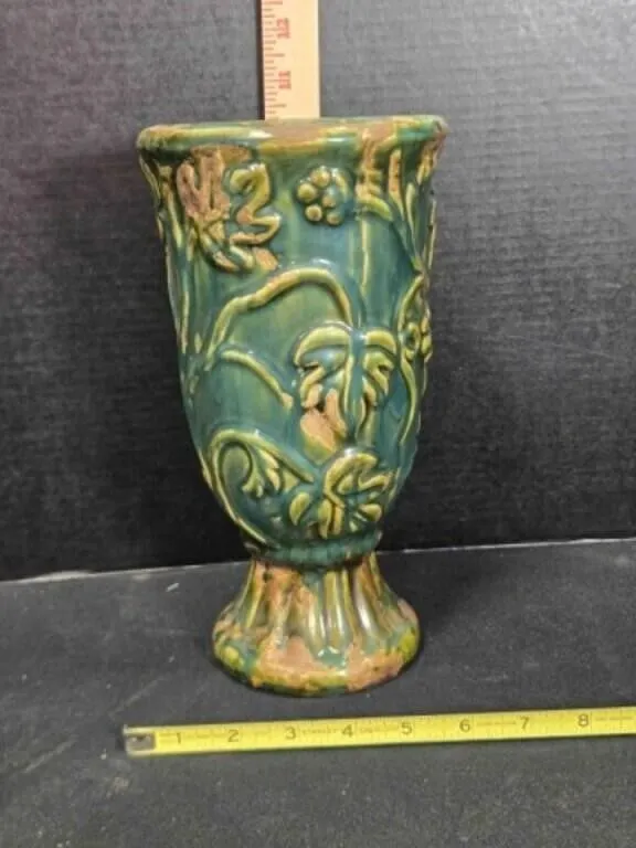 Green ceramic vase w/tree motif, 10" tall