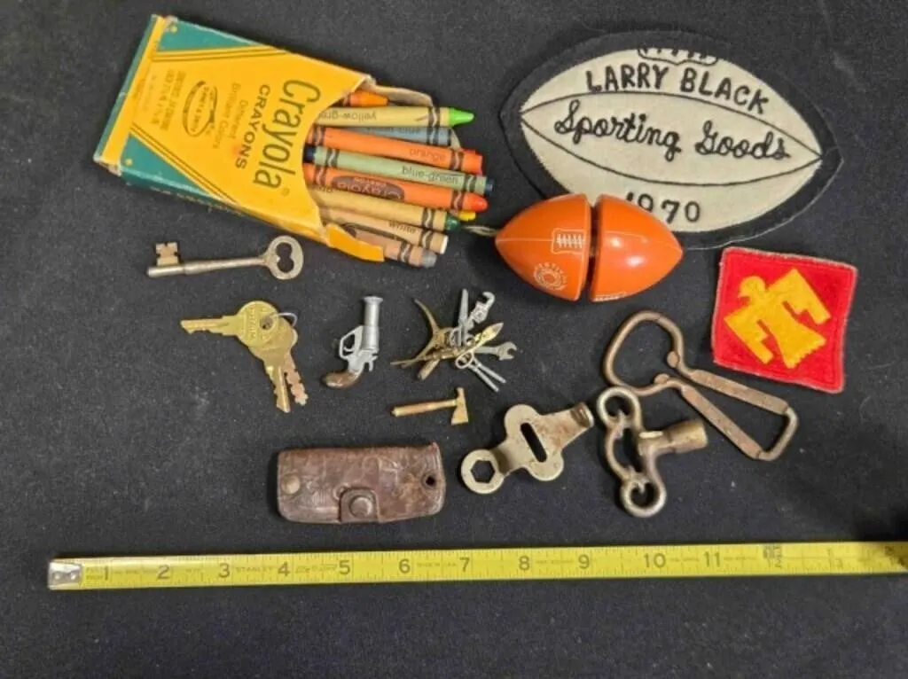12 Crayons, yo-yo, keys, tool charms, sports patch