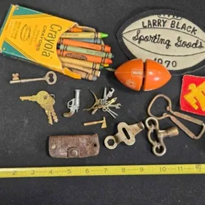 12 Crayons, yo-yo, keys, tool charms, sports patch