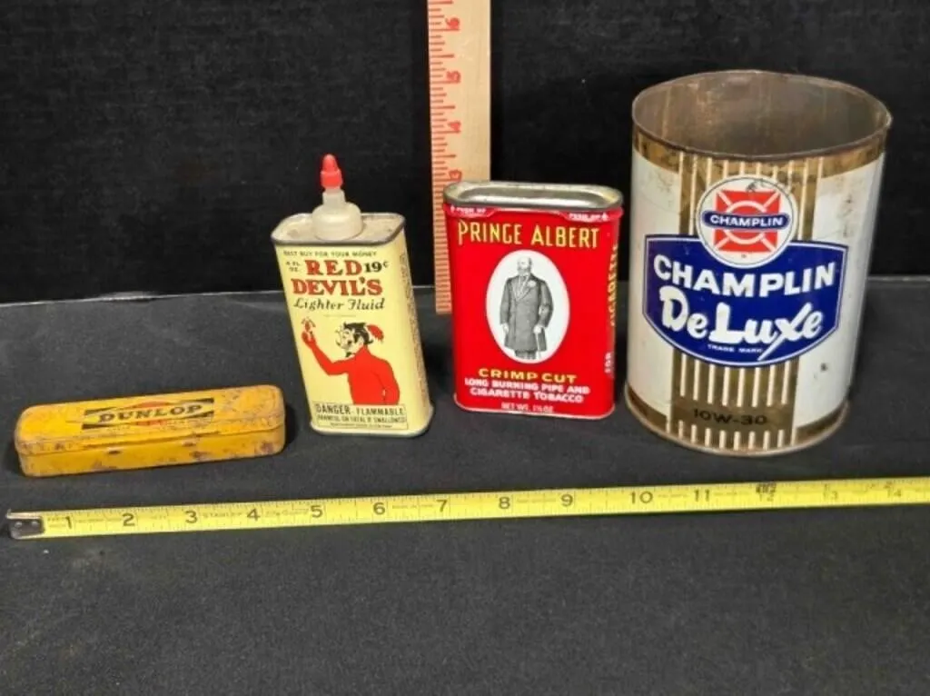 Vintage containers, Champlin, Prince Albert can