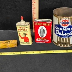 Vintage containers, Champlin, Prince Albert can