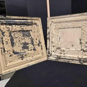 2 stamped metal ceiling tiles, antique, painted