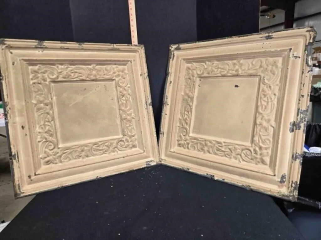 2 stamped metal ceiling tiles, antique, painted