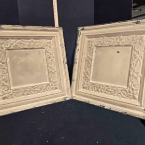 2 stamped metal ceiling tiles, antique, painted