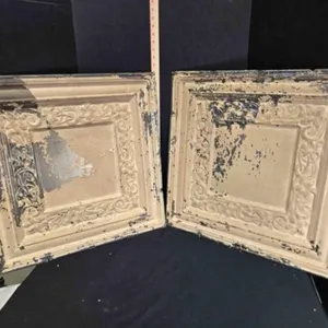 2 stamped metal ceiling tiles, antique, painted