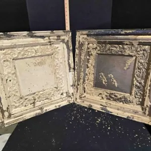 2 stamped metal ceiling tiles, antique, painted