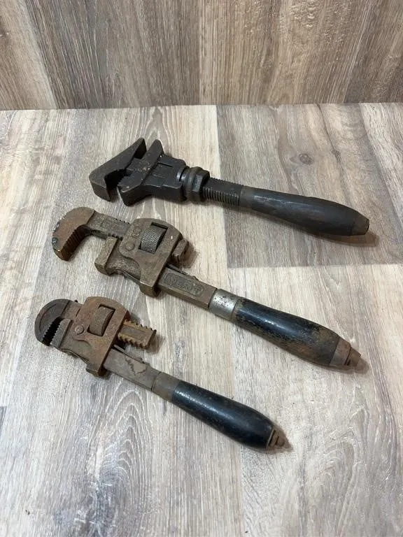 Wood Handle Monkey & Stillson Wrenches, 3 pcs