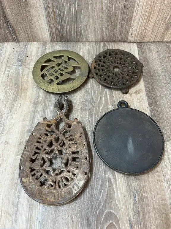 Cast Iron & Brass Trivets, 4 Pieces