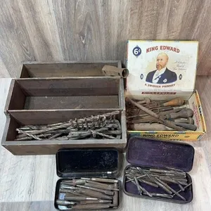 Wooden Tool Caddy with Drill Bits & Cigar Box