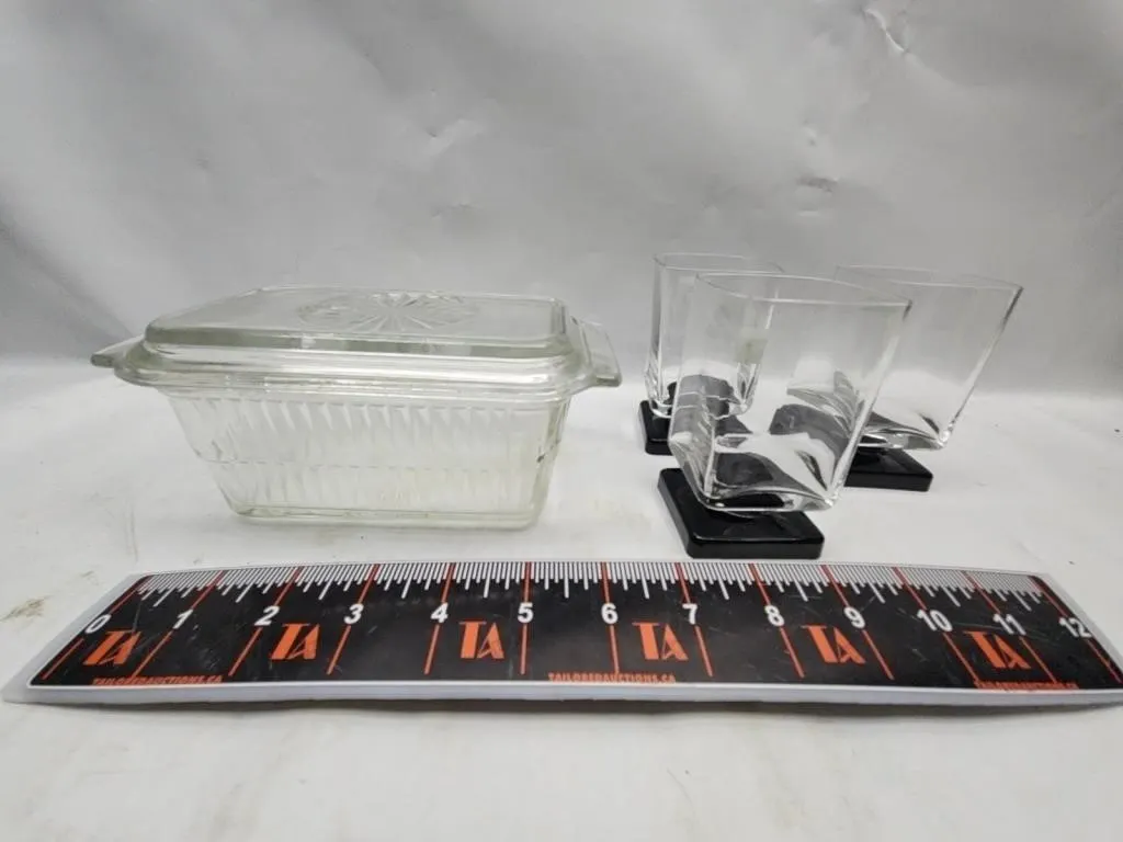 Glass Dish with Lid and 3 Square Tumblers