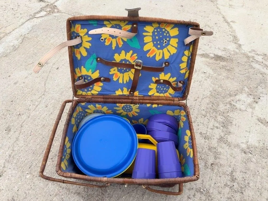 Wicker Picnic Basket with Plastic Dishes Set