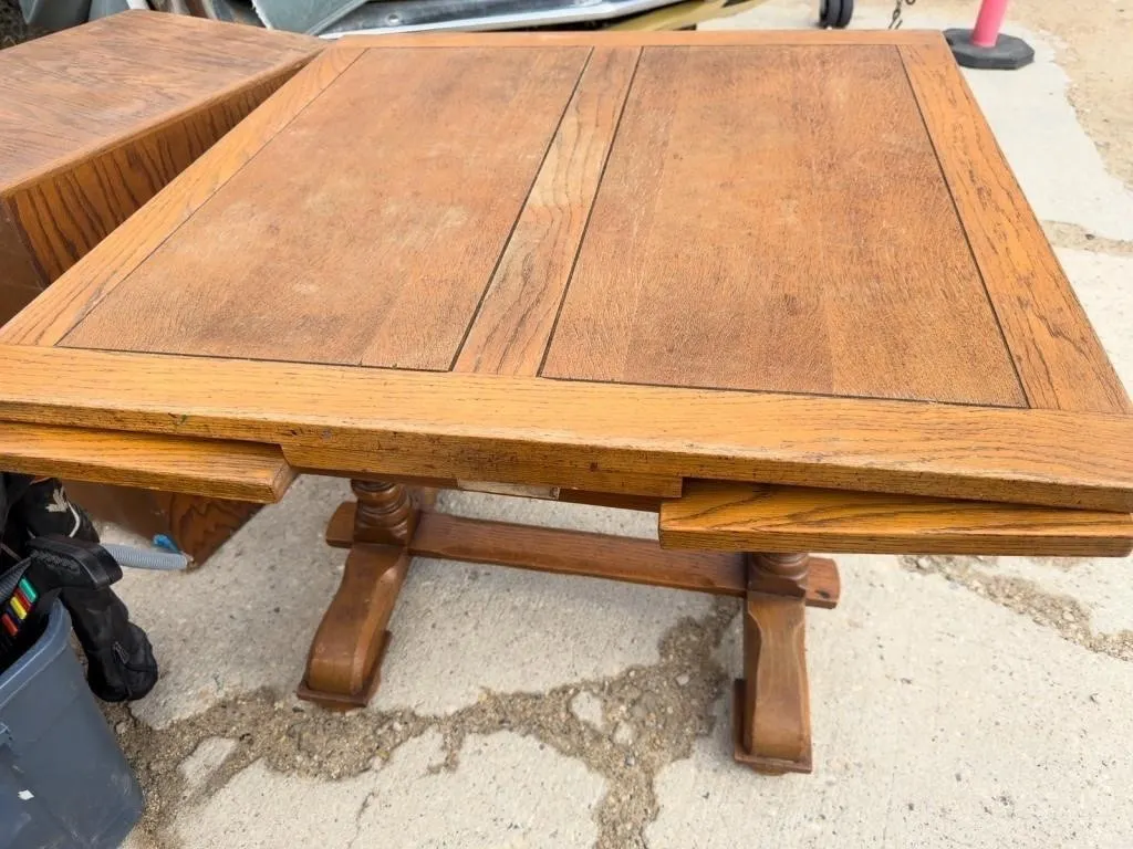 Oak Trestle Base Dining Table with Draw Leaves