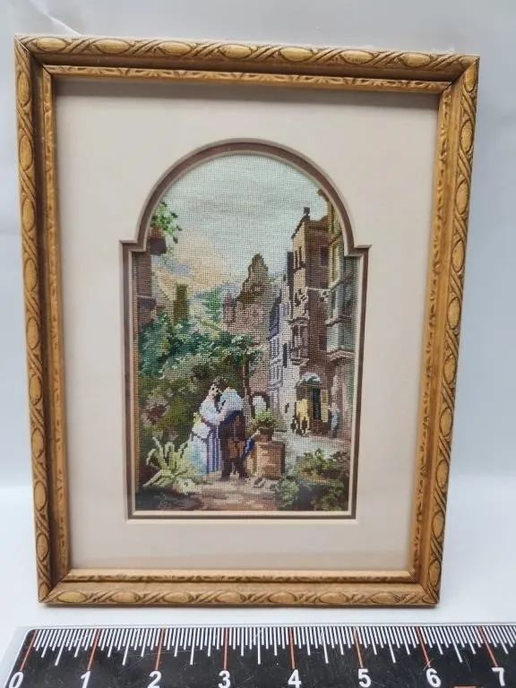 Framed Needlepoint Village Courtyard Scene