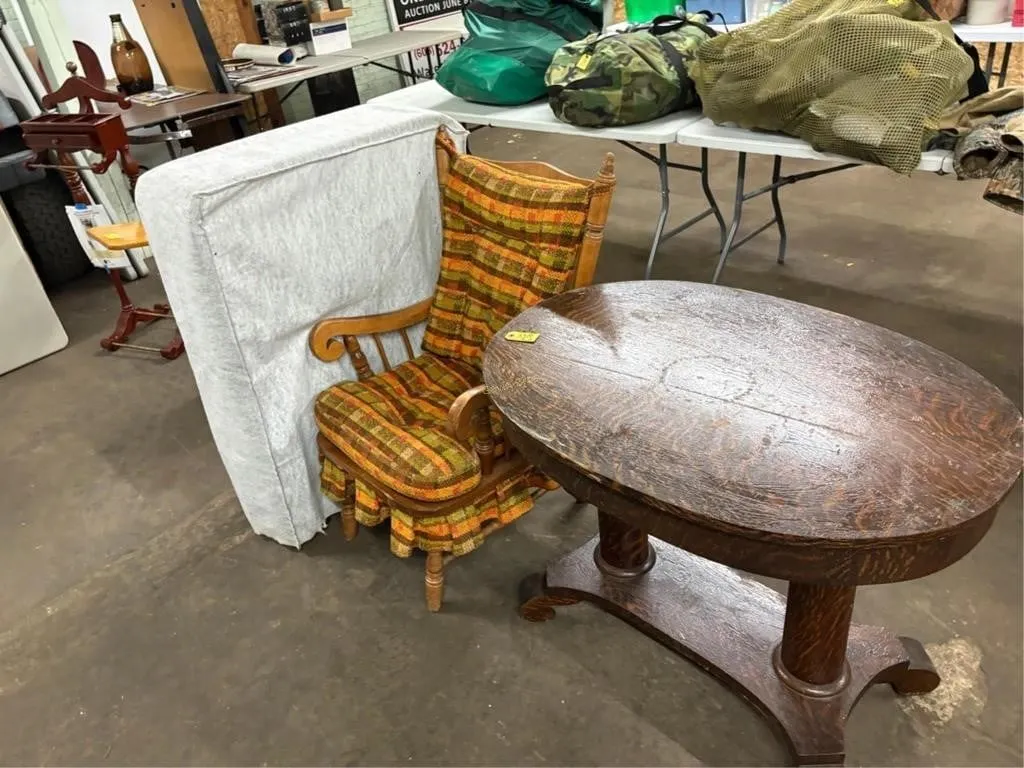 Wood Table, Vintage Chair & Cot