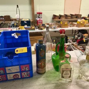 World Book Crate w/misc Liquor/Wine Bottles