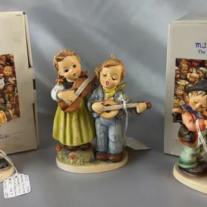 Three Goebel Hummel Figurines Happy Days, Accordion Boy and Puppy Love with Boxes