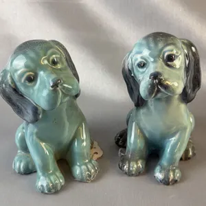 Pair Beswick #454 Lollopy Seated Puppy Dogs, Blue Gloss Glaze, 1936-1969