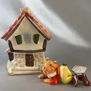 Goebel Dwarf with Fly on Bum Figure and Goebel House Bank, Germany, c.1950, TMK6