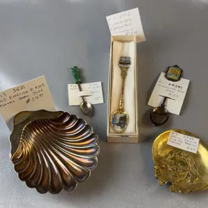 5 Decorative Items: E.P.N.S. Shell Dish, Bronze Dish, 3 Collectible Spoons