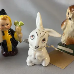 Three Sets German Porcelain Salt & Pepper Shakers: Goebel Owls, Munich Child, Rabbit