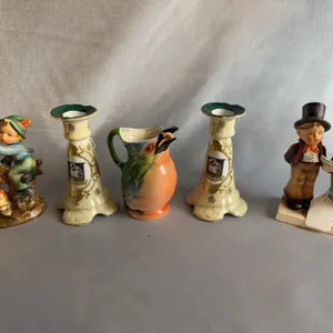 Hummel Goebel Figurines With Hand Painted Porcelain Candle Holders and Bird Pitcher