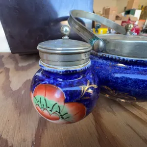 Handpainted Blue Ceramic Condiment Set with EPNS Lids, Spoons, Plus Brass Candleholder
