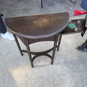 Antique Wooden Demilune Table with Slide-Out Smoking Stand, 29" W x 15" D x 29" H