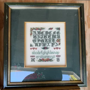 Framed Needlepoint Sampler With Alphabet, Decorative Hearts, Initials K S, 1995