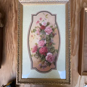 Framed Floral Still Life Print With Ornate Gold Frame And Crackle Pattern Mat