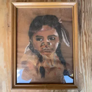 Framed Pastel Portrait of a Young Girl With Braids and Feathers