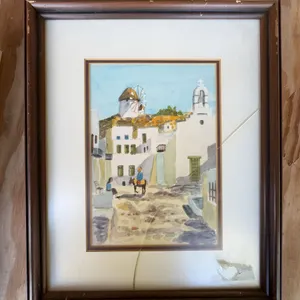 Framed Watercolour Painting of Mediterranean Village Scene with Figures and Windmill